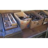 Small stained pine carpenter's toolbox, the interior revealing assorted tools, many marked