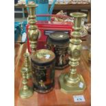 Tray of assorted metalware to include; two full size and two miniature brass candlesticks, two