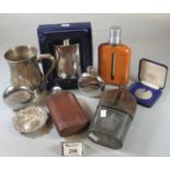 Box of metalware to include; silver bon-bon dish, various hip flasks, silver plated tankard, solid