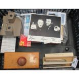 Box of oddments to include propelling pencils, playing cards, vintage Viewmaster, signed