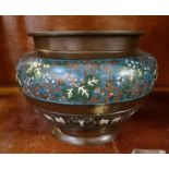 Oriental champleve enamel bronze baluster shaped bowl, decorated with bands of foliage and bats.