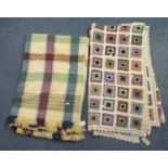 Two vintage woollen blankets; one multi-colour crochet and the other check design yellow ground