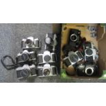Three boxes of vintage cameras and camera bodies, mostly Asahi Pentax (20+) one cased, but also