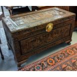 20th Century carved Chinese camphor wood chest depicting sailing boats. (B.P. 21% + VAT)