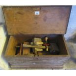 Small pine carpenter's box, the interior revealing assorted vintage tools to include; mallets,
