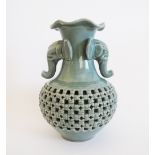 Korean reticulated double skin, ovoid celadon porcelain vase