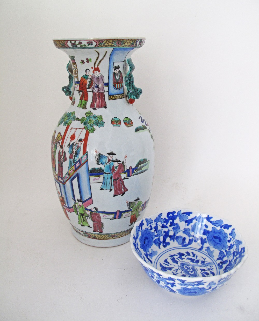 Chinese famille rose vase and blue and white bowl