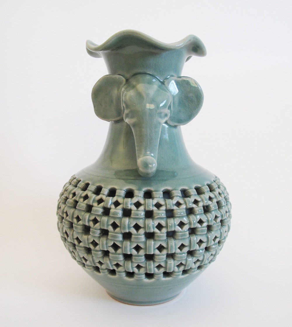 Korean reticulated double skin, ovoid celadon porcelain vase - Image 2 of 8