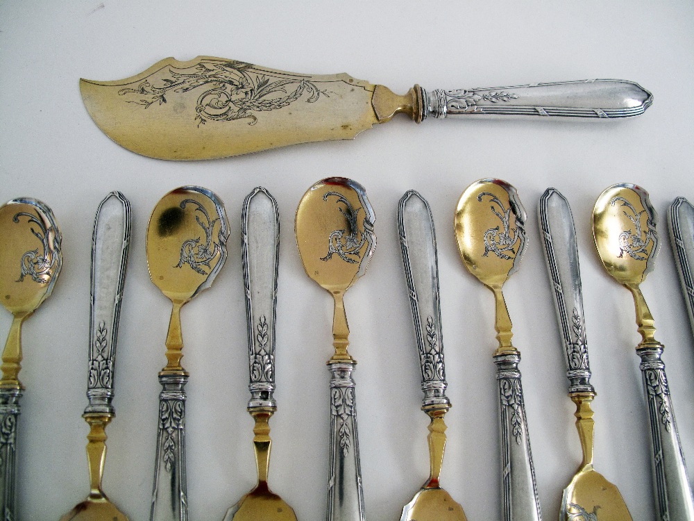 French silver gilt / vermeil dessert or ice cream flatware. - Image 3 of 10