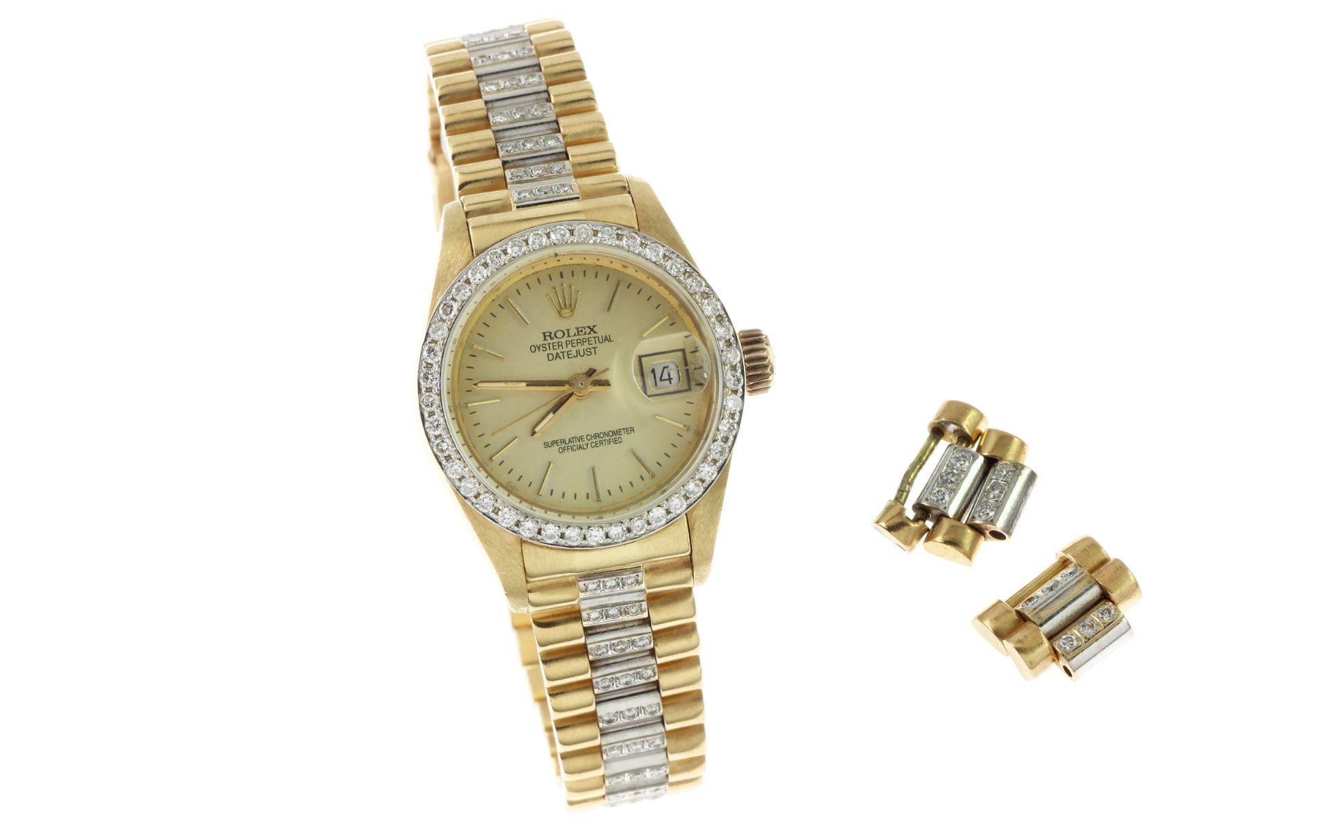 Damenarmbanduhr 750/- Gelbgold und Weissgold mit Diamanten 77.68g