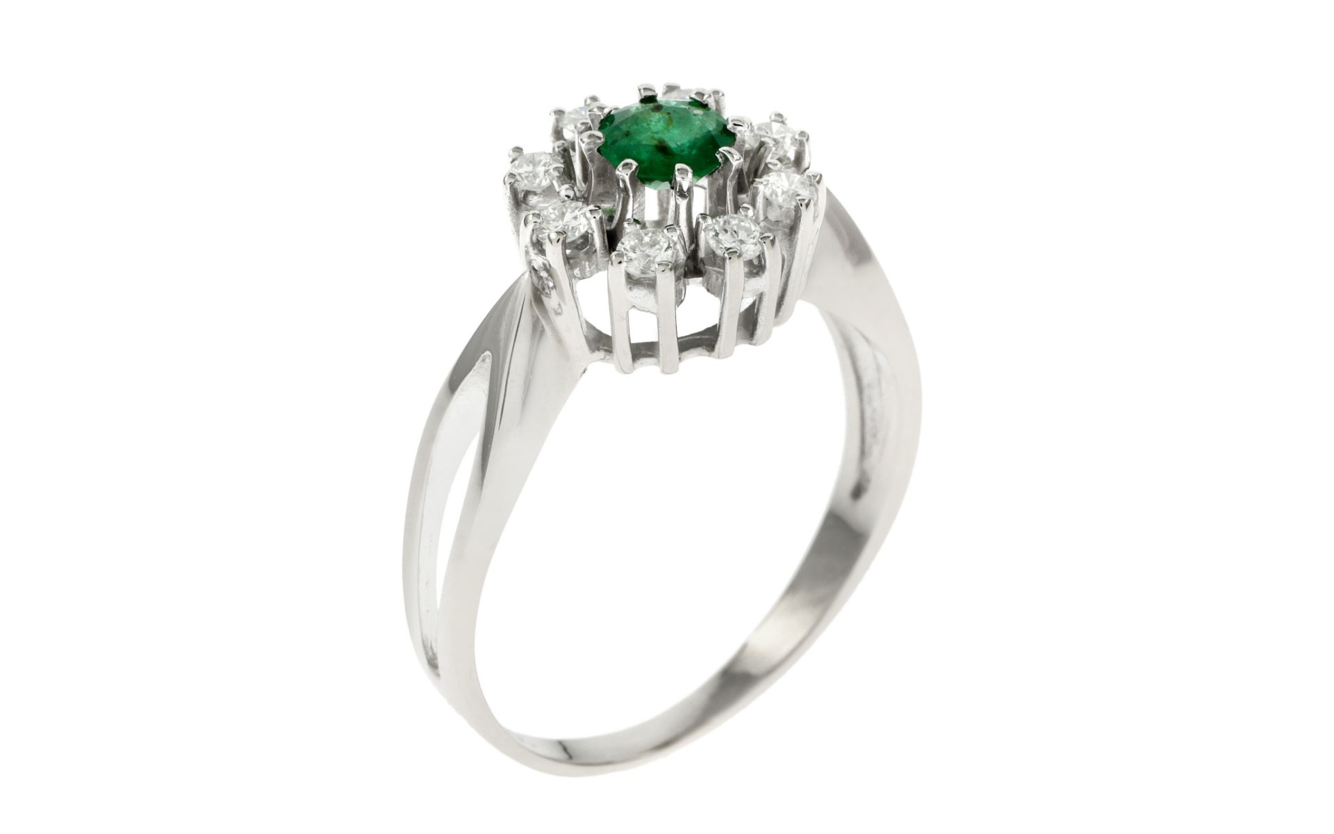 Ring 3.03 g 585/- Weissgold mit Diamanten und Smaragd. 8 Diamanten zus. ca. 0.16 ct.. Ringgroesse ca