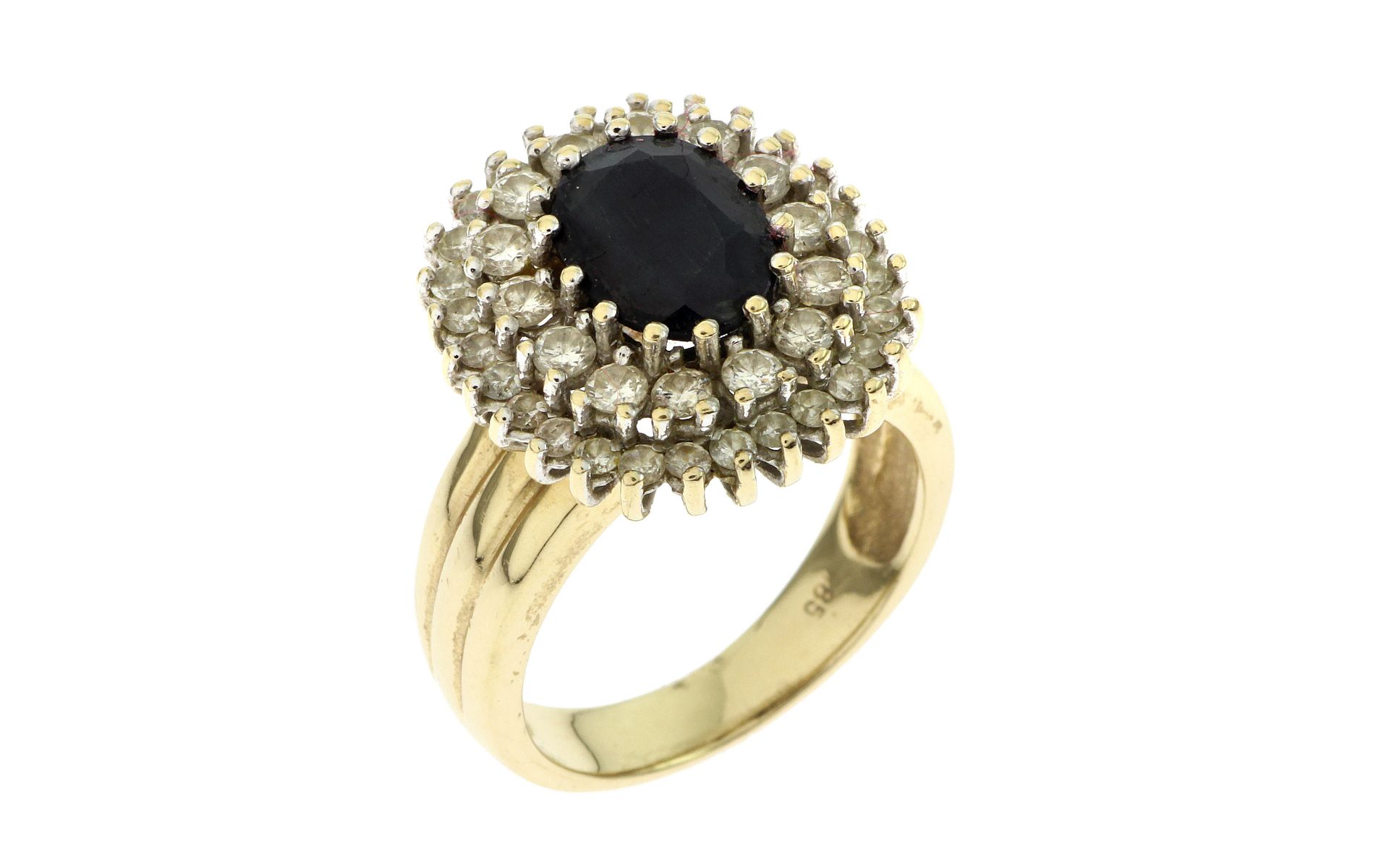 Ring 7.17 g 585/- Gelbgold und Weissgold mit 42 Diamanten zus. ca. 0.70 ct. H/si und 1 Saphir 1.50 c