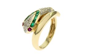 Ring 585/- GG mit Diamanten. Smaragden und Rubinen