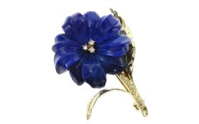 Brosche 10.34 g "Blume" 585/- Gelbgold mit 3 Diamanten zus. 0.06 ct. H/si 8/8 und Lapislazuli ct. ni