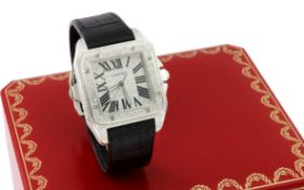 Cartier Santos 100 Ref. 2656 Automatik Edelstahl/Lederband mit Diamanten besetzt mit Box