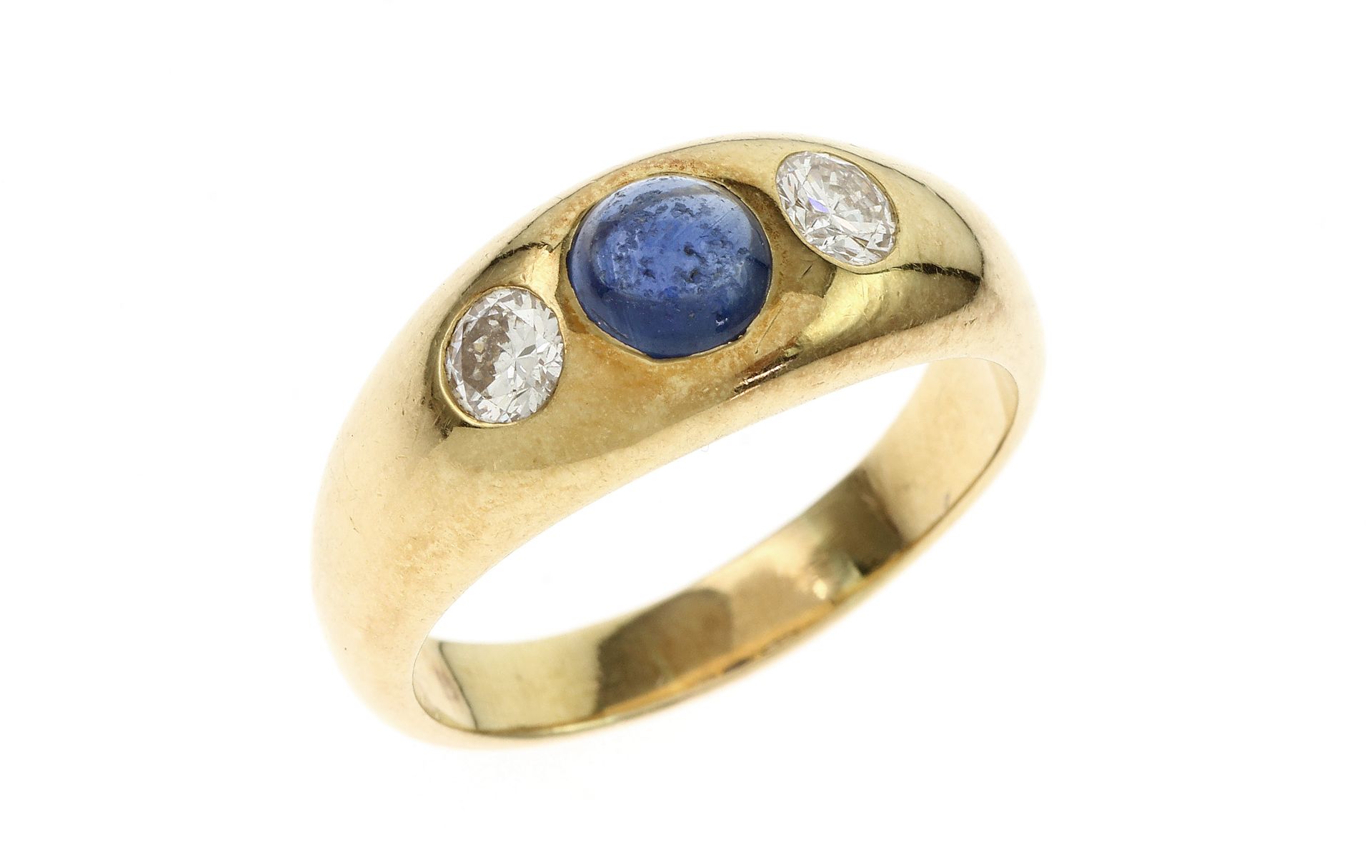 Ring 7.13 g 750/- Gelbgold mit 2 Diamanten zus. ca. 0.36 ct. F/vs 1 Saphir ca. 0.20 ct. Ringgroesse