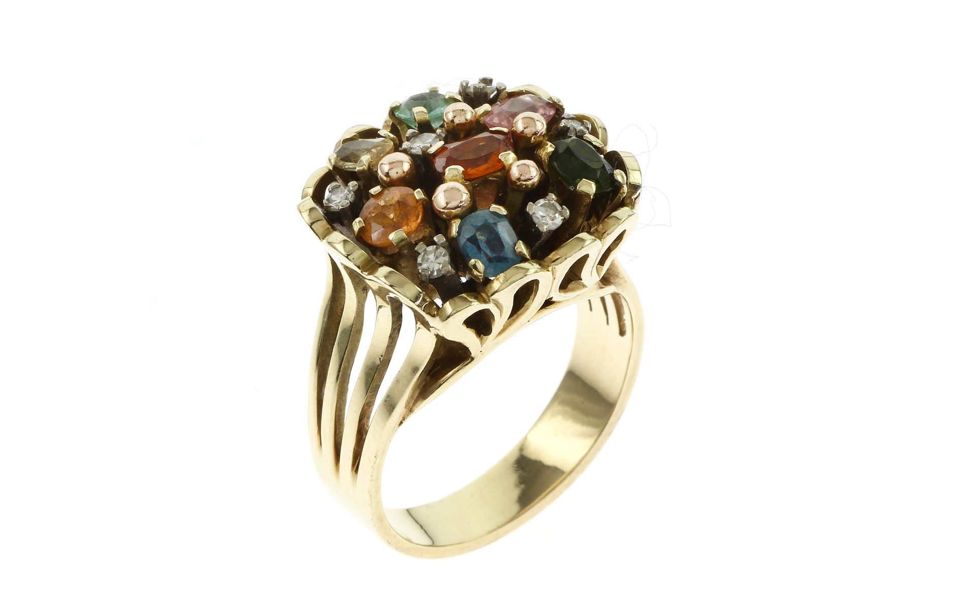 Ring 12.41 g 585/- Gelbgold mit 5 Diamanten zus. ca.0.05 ct. 8/8 Schliff und Farbsteine Ringgroesse