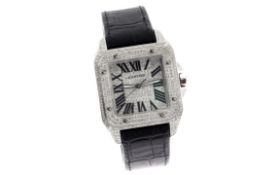 Cartier Santos 100 Ref. 876576MX Automatik Edelstahl mit Lederband und Diamanten ohne Box und Papier