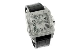 Cartier Santos 100 XL Automatik mit Lederband und Diamanten ohne Papiere 