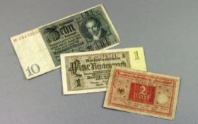 1x 10 Reichsmark Schein 1x 2 Reichsmark Schein und 1 Rentenbankschein