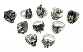 10 div.Totenkopf-Ringe 156.30 g 925/- Silber Ringgroesse 59 bis 71