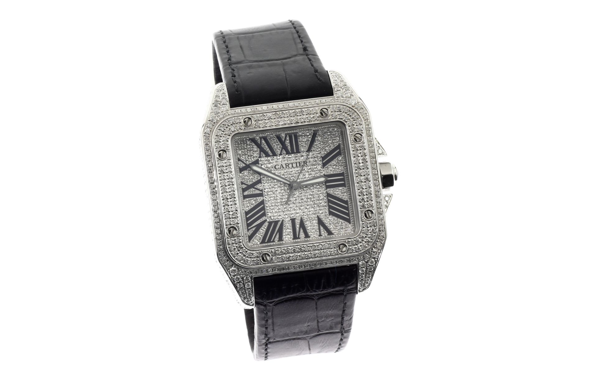 Cartier Santos 100 Ref. 876576MX Automatik Edelstahl mit Lederband und Diamanten ohne Box und Papier