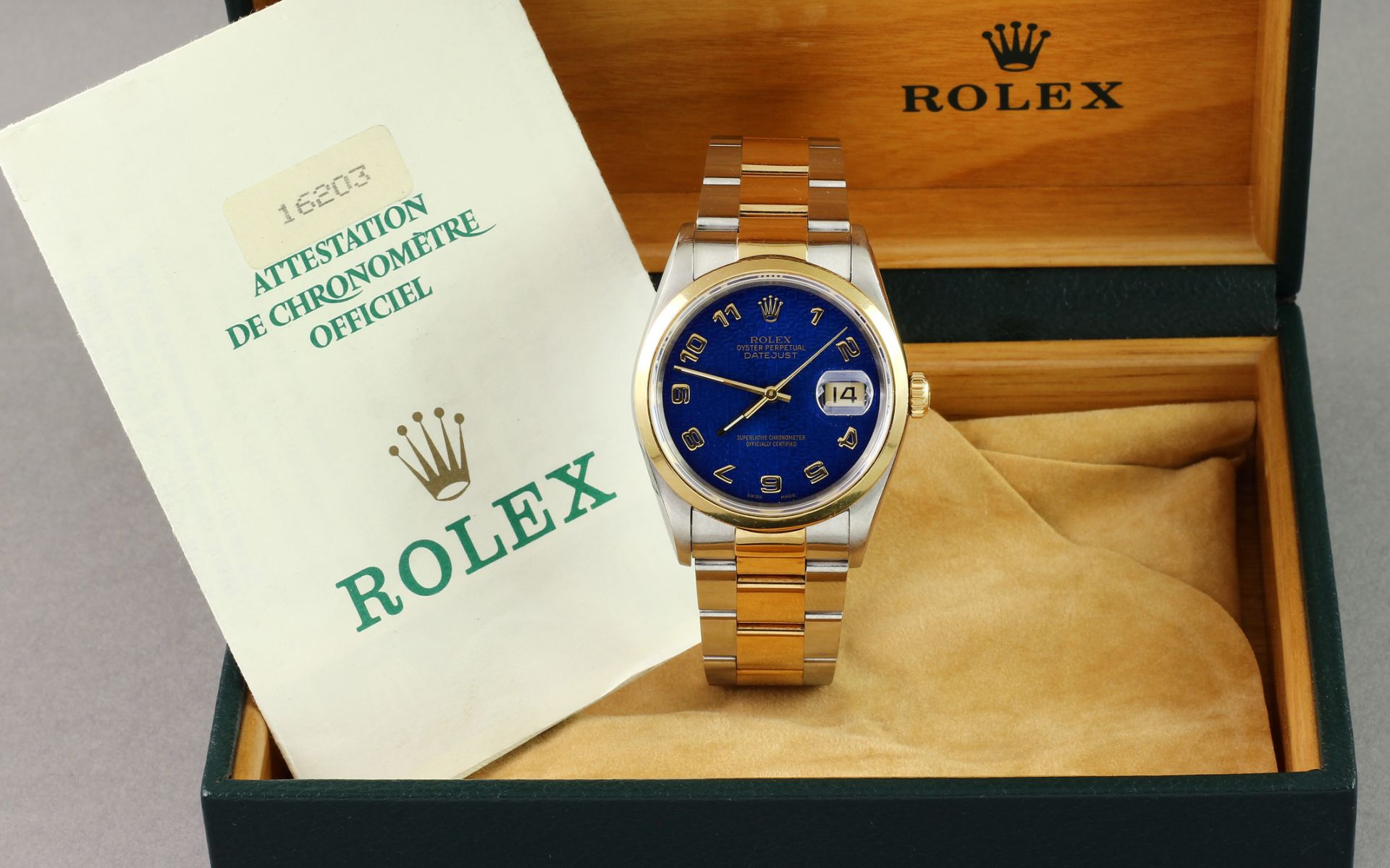 Rolex Datejust Ref. 16203 Automatik 750/- Gelbgold/Edelstahl mit Box und Papiere. LC 100. Kaufdatum