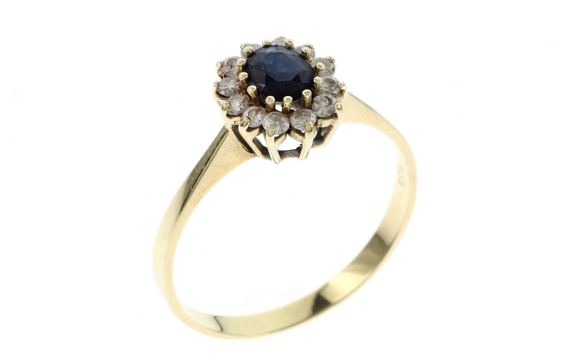 Ring 2.34 g 585/- Gelbgold mit 12 Diamanten zus ca. 0.24 ct. und Saphir Ringroesse 60