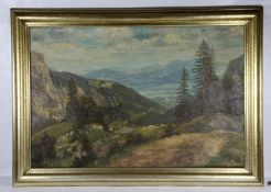 Heumann, Arthur1883- ca. 1955, große malerische Alpenlandschaft mit Nadelbäumen, unten rech
