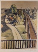 Feuerstein, Ernst1903-1960, Aquarell mit Tuschezeichnung, Bahngleise in der Landschaft, Blick