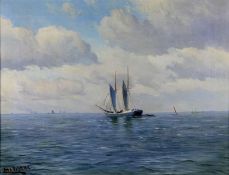 Holst, Johannes1880-1965, Elbaufwärts, Segelschiff auf ruhigem Gewässer an einem sonnigen T