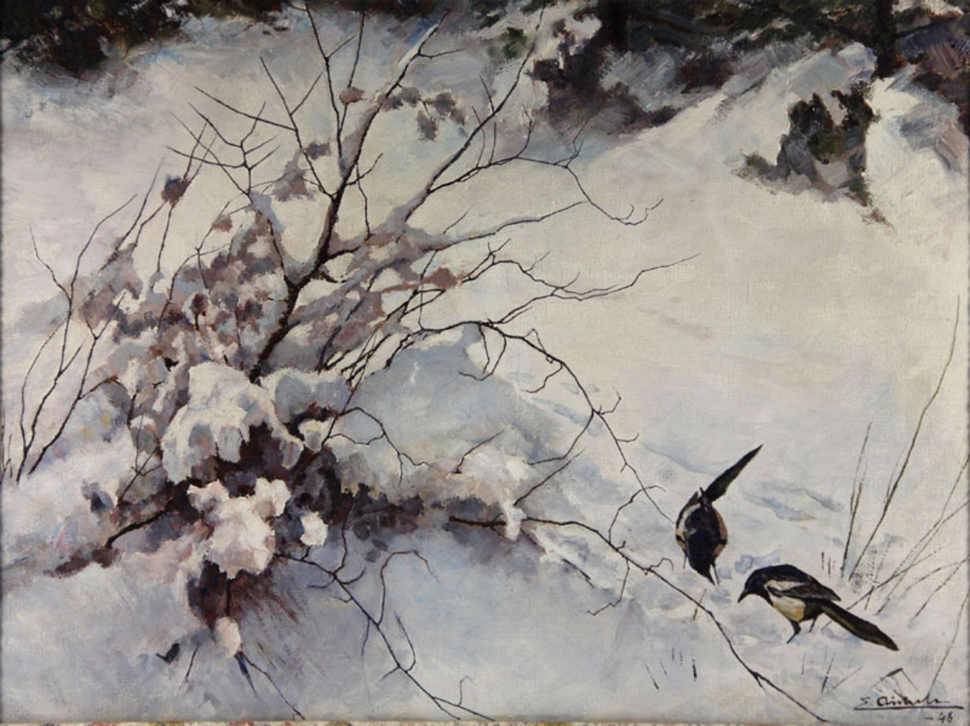 Aichele, Erwin1887-1974, 2 Elstern im Schnee, links ein unbelaubter Strauch, die dünnen Zwei