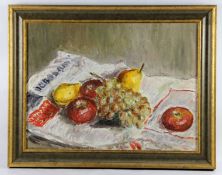 Unbekannter Künstler20. Jhd., buntes Früchtestillleben, auf einem Tisch mit Zeitung, Öl/Pl