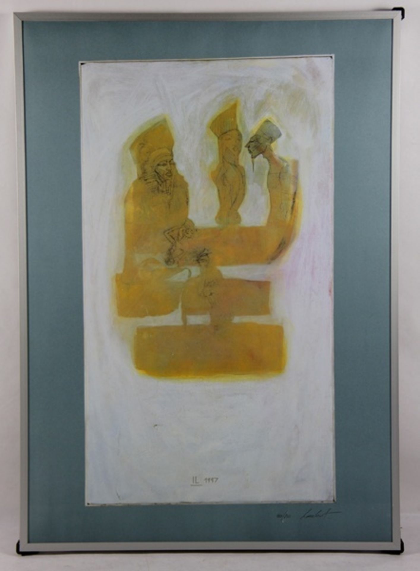 Unbekannter Künstler1997, Graphik, 3 ägyptisierende Personen, unten rechts Bleistiftsignatu
