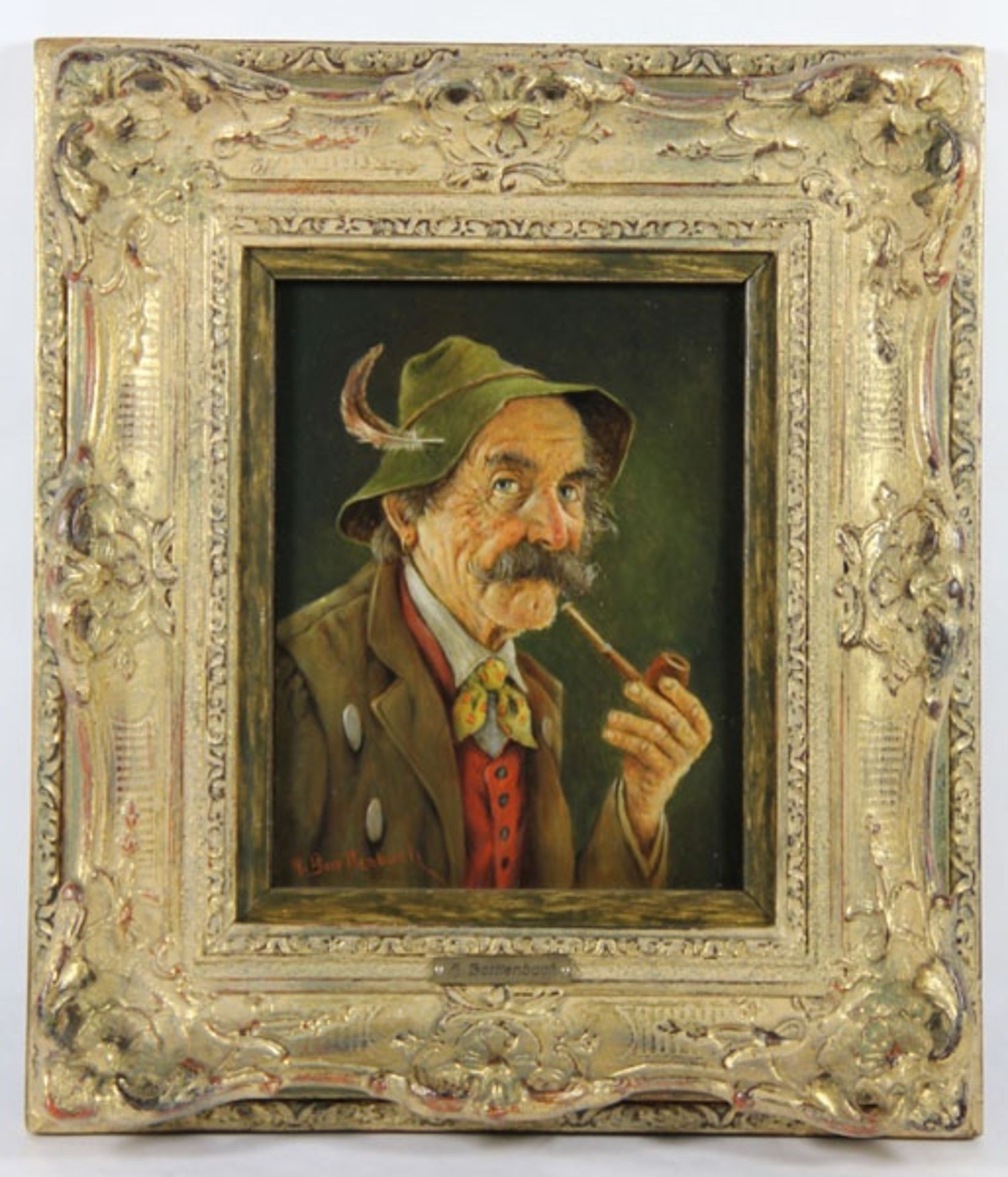Barttenbach, Hans1908-?, Brustbild eines alten Mannes mit Schnauzbart, er trägt einen Federh