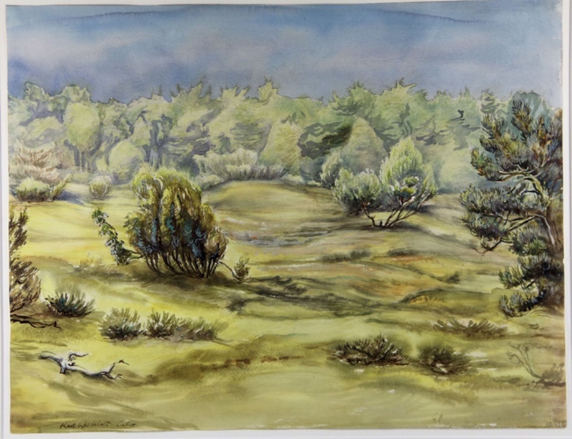 Weinhold, Kurt1896-1965, Aquarell, großformatige Landschaft mit Wiese und Sträuchern, unten