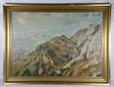 Heumann, Arthur1883- ca. 1955, großformatige und felsige Berglandschaft, links Blick über e