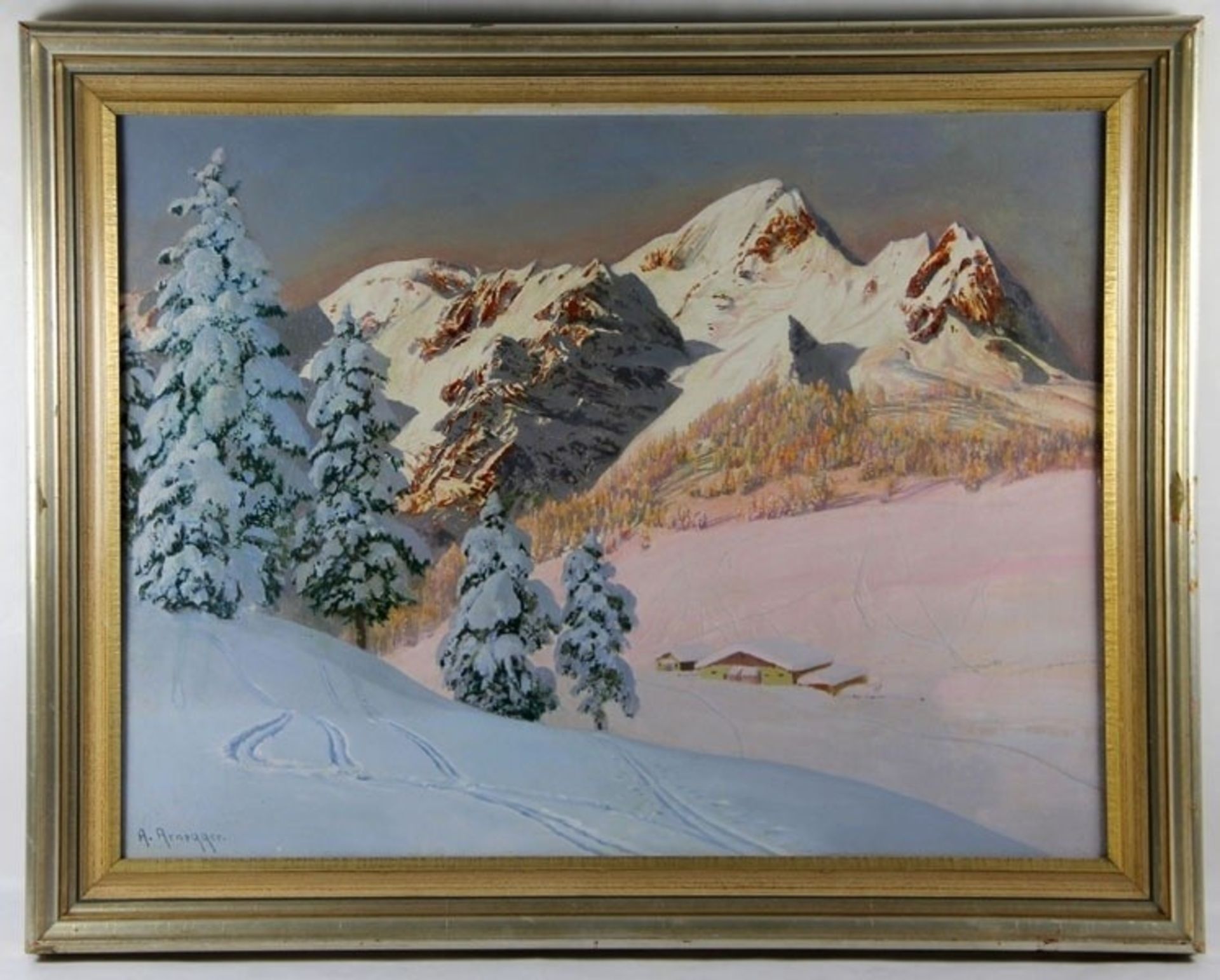 Arnegger, Alois1879-1963, Alpenglühen in tief verschneitem Gebirge, weite Schneefelder u. Ge