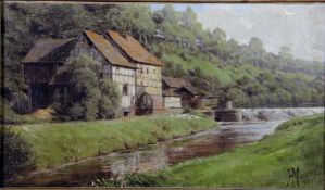 Maurer, Hermann August1861-1934, Mühle bei Salschlirf, Blick über den Fluß auf das sonnenb