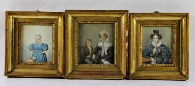 Satz Biedermeier-Portraits1830er Jahre, 3 Stk. Biedermeier-Portraits Aquarell/Gouache, bei 2