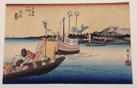 Hiroshige, Utagawa20. Jhd., Farbgraphik, Fährboote bei Arai, an den Seiten diverse Schiftzei