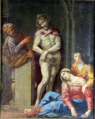 italienische Schuleum 1520/30, Ecce Homo, mittig der ganzfigurig stehend dargestellte Christu