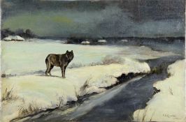 Unbekannter Künstlerum 1900, einsamer Wolf am Ufer eines Flusses, in nächtlicher Winterland