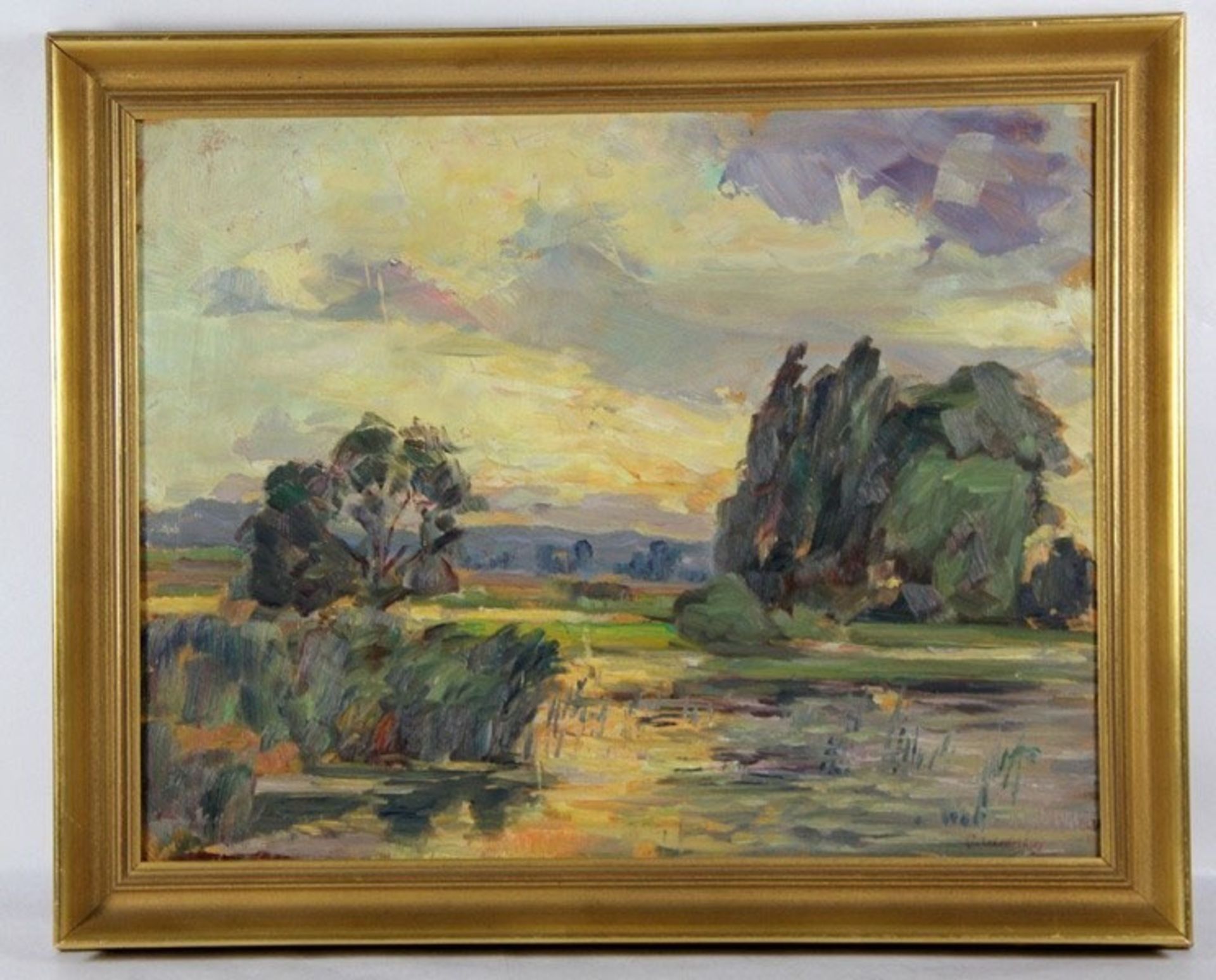 Wiederhold, Carl1863-1961, abendliche Flusslandschaft, am Ufer Schilf und Bäume, breiter imp