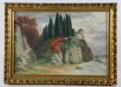 Unbekannter Künstlerromantische Küstenszene in der Art des A. Böcklin, Landschaft mit eine