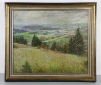 Heumann, Arthur1883- ca. 1955, Blick über Hügellandschaft mit Feldern und einigen Bäumen,