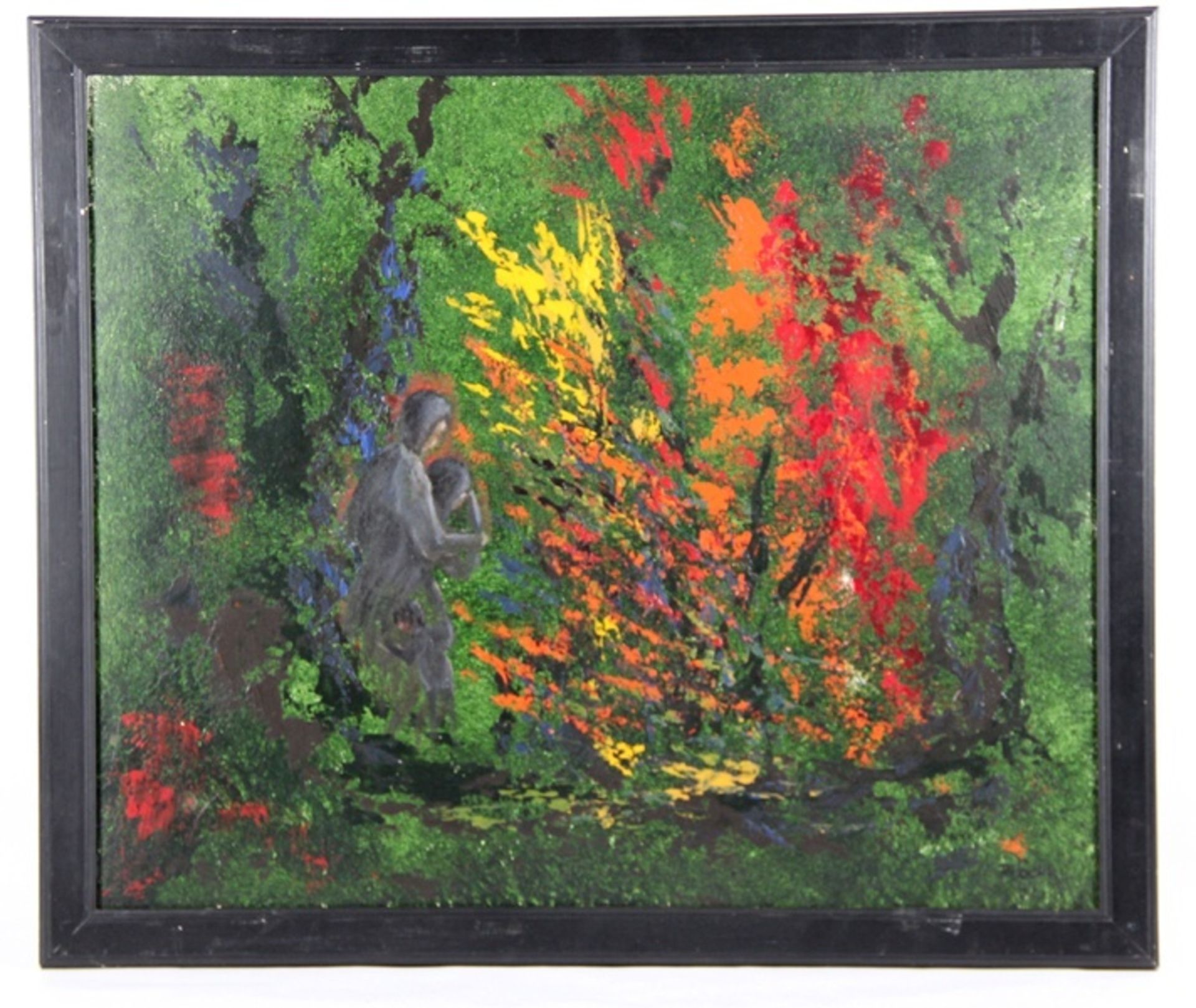 Unbekannter Künstler20. Jhd., surreales Gemälde, Darstellung einer Familie vor einem brenne