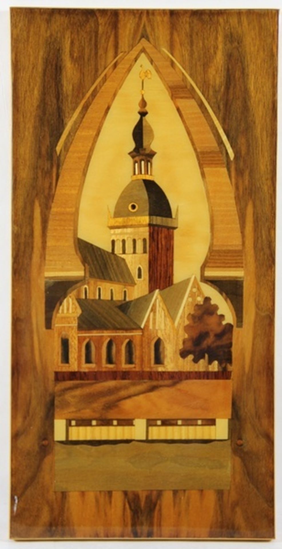 Intarsienbild20. Jhd., Intarsienbild, verschiedene Edelhölzer, Blick auf einen Kirchturm, H.