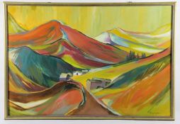 Unbekannter Künstler20. Jhd., Berglandschaft mit Gebäuden, expressive Farbpalette, unten re