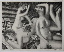 Goryainov, Anatoly 20. Jhd., Lithographie, 3 unbekleidete Frauen in einer Sauna, unten rechts